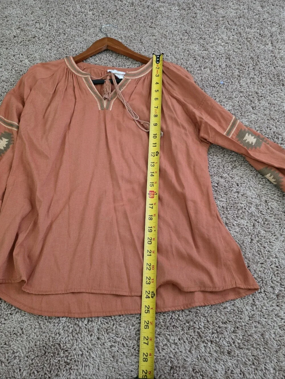 Embroidered Western Chic Longsleeve Blouse Burnt Orange Aztec Boho Esley Womns M